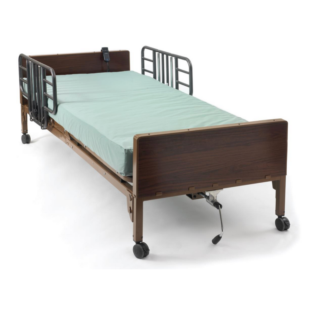 The Medline Homecare Semi-Electric Bed with 15-20 height range features a light green mattress, metal side rails, dark wood-like headboard and footboard, and wheels for easy mobility, shown on a white background.